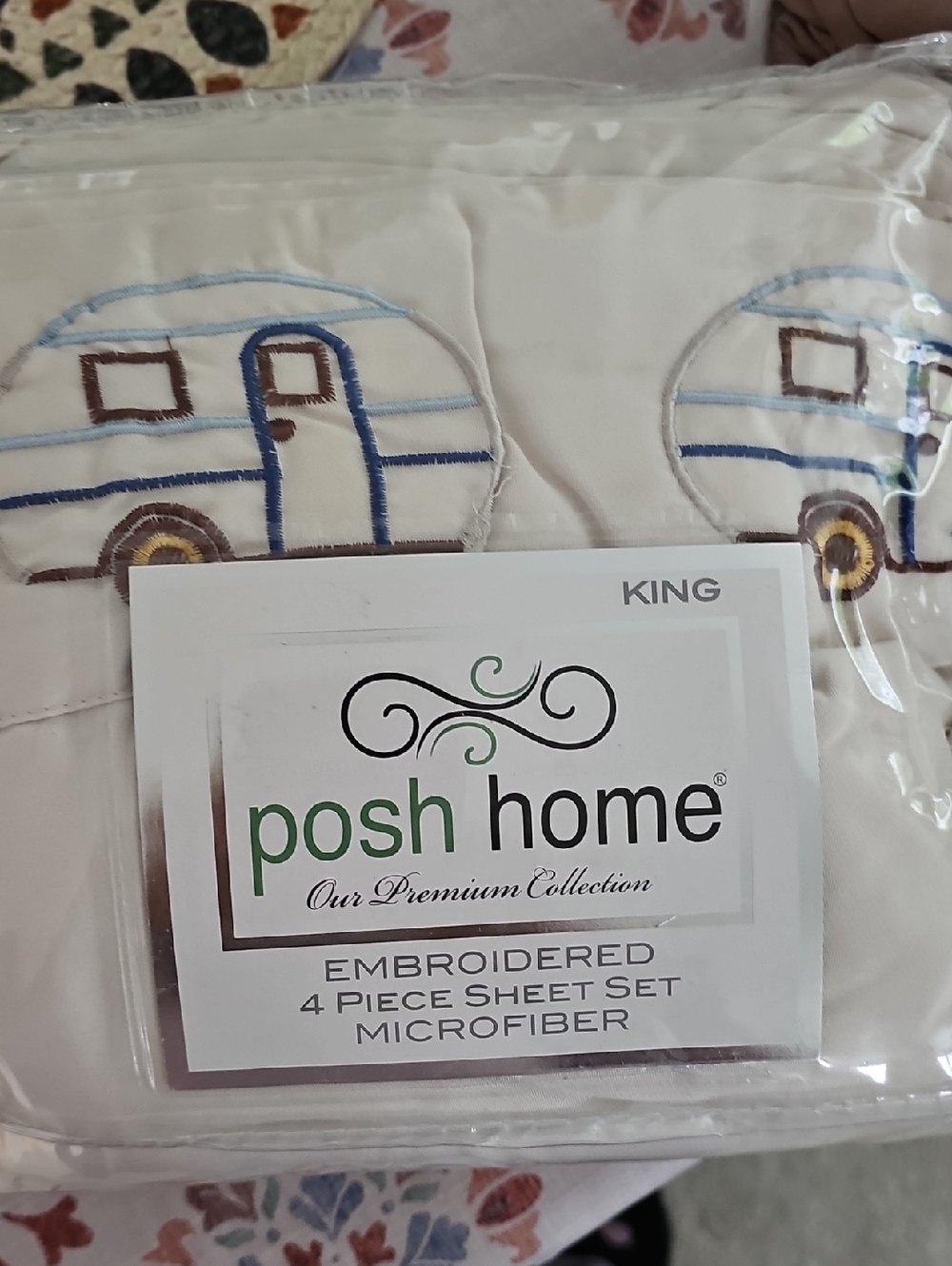 RV Posh Home King Embroidered Microfiber Sheet Set in Cream with Blue Accents